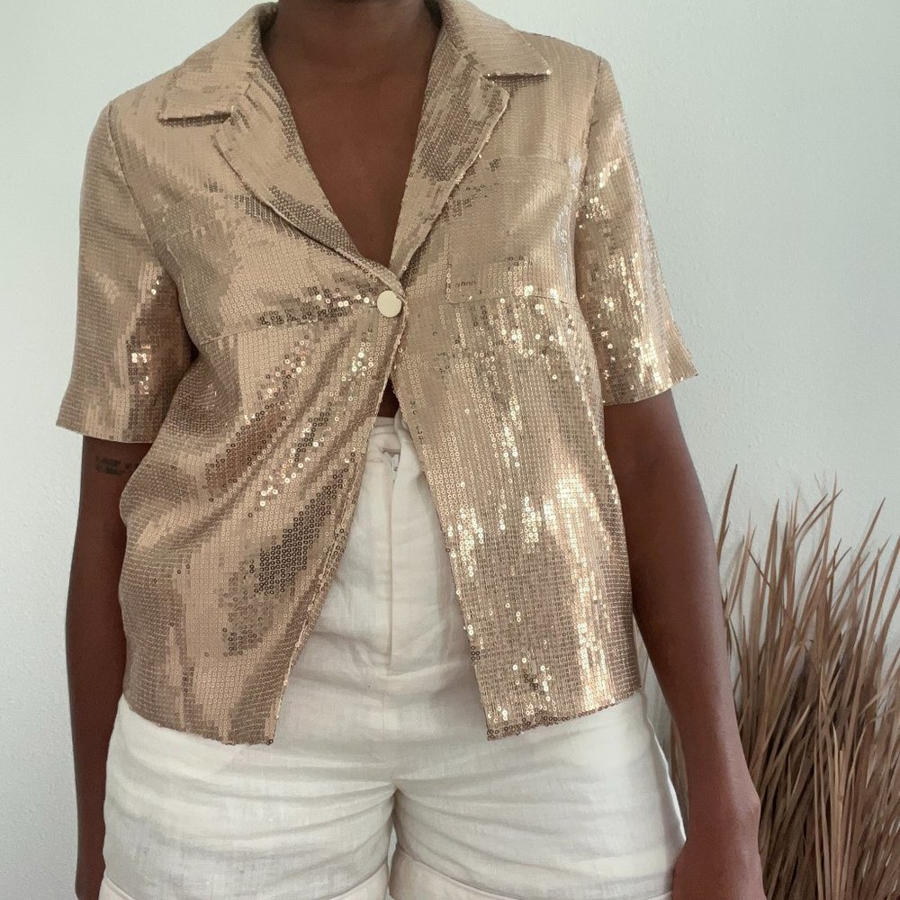 Staud gold sequin button down